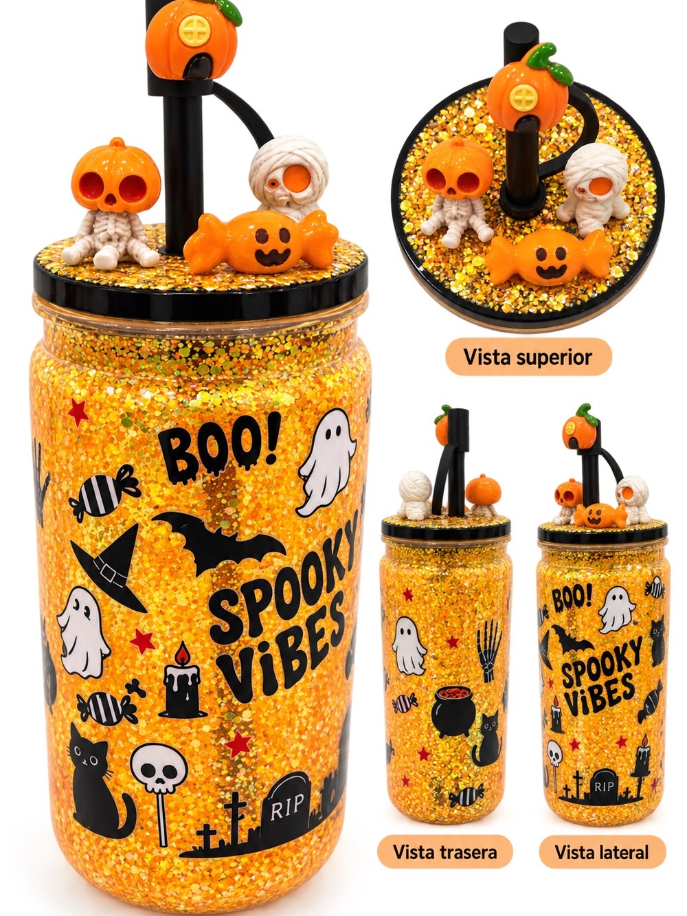 Spooky Vibes Orange Glitter Halloween Party Jar with Lid